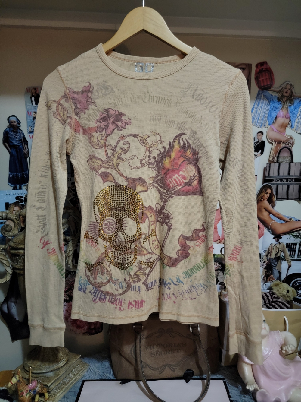 GO Jeans Nude Tan Mcbling Rhinestone Skull Long Sleeve Shirt - Picture 2 of 6